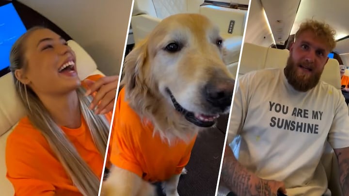 Jutta Leerdam moedigt Nederlands elftal aan vanuit privéjet met Jake Paul