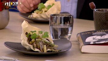 Koffietijd Papadums met paddenstoelen en asperges