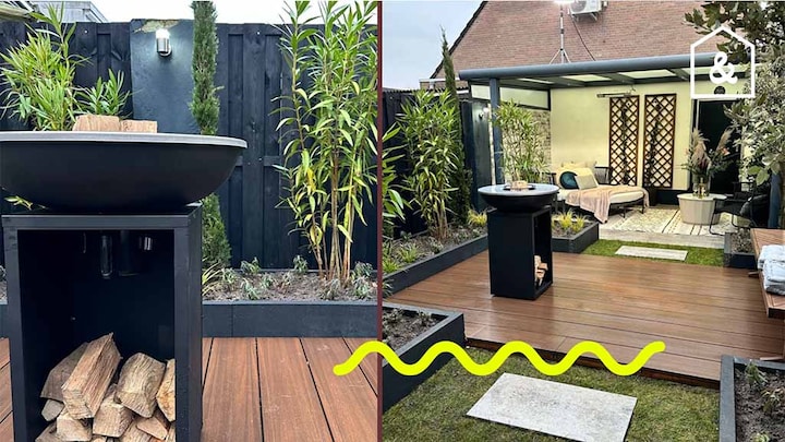 Grauwe, betonnen tuin wordt een groen paradijs mét plek voor een dutje