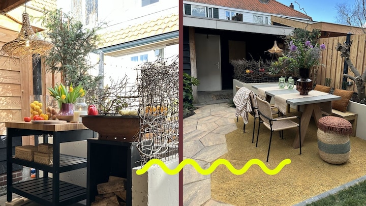Een kindvriendelijke tuin met een strandgevoel en een buitenkeuken