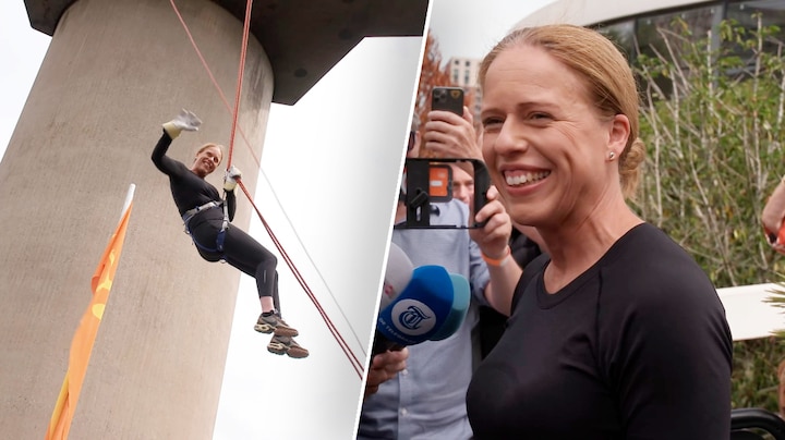 Belofte maakt schuld: Carola Schouten abseilt van de Euromast