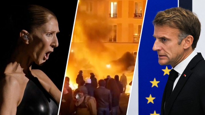 President Macron geniet van concert Céline Dion terwijl Parijs in de fik staat