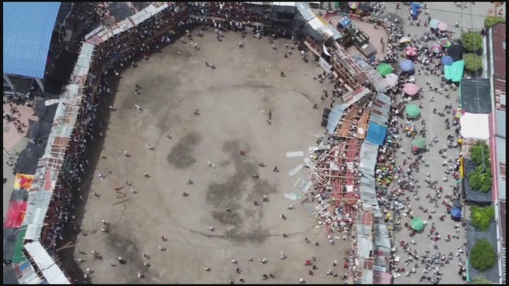 Drama gefilmd: tribune stort in bij stierengevecht in Colombia